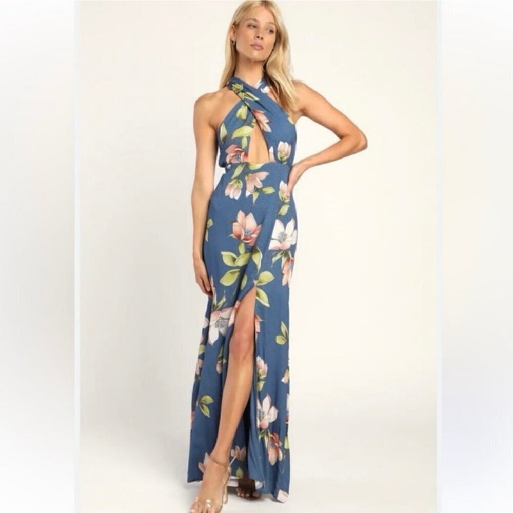 NWT Lulus Bloom Together Blue Floral Print Cutout Halter Maxi Dress Size XL